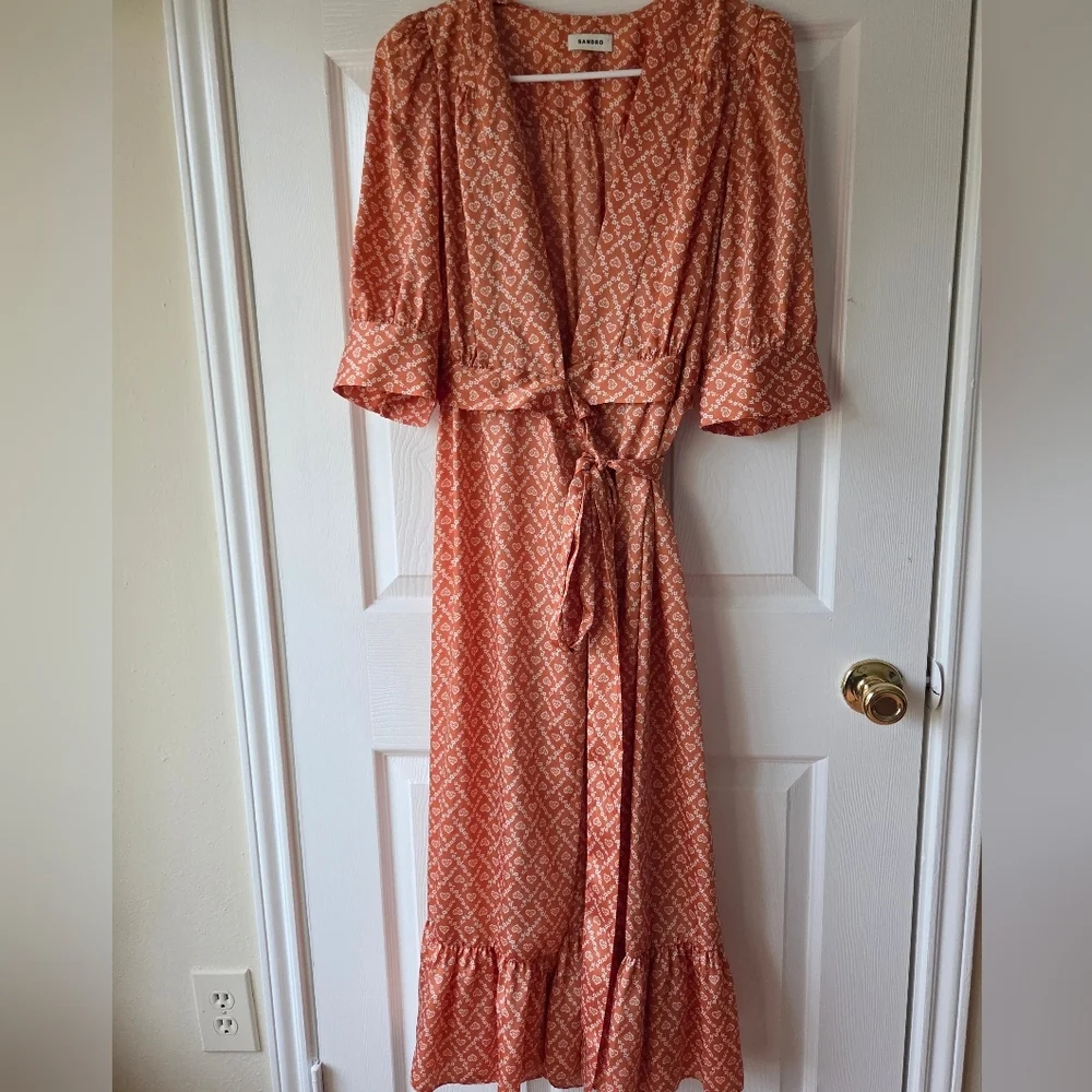 SANDRO Enrika Puff Sleeve Wrap Dress S Heart Print Orange $415 Romantic Luxury - Picture 4 of 12